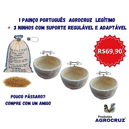 1 Painço Português para esquentar pássaros + 3 ninhos com suporte adaptável e regulável