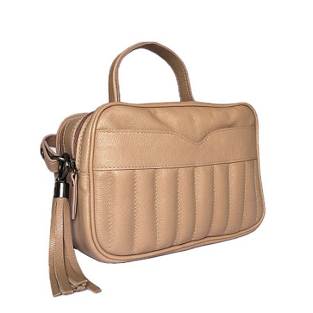 Bolsa Baú Média Alça Longa Couro  Legítimo Nude