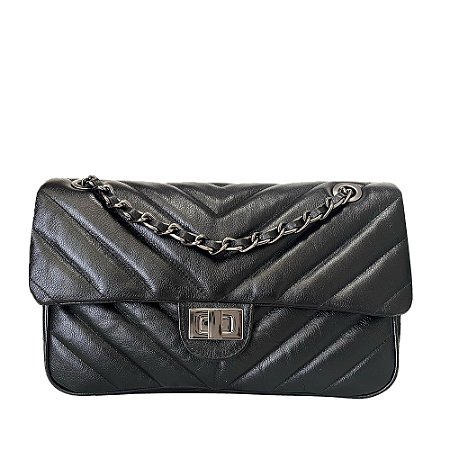 Bolsa Alça Corrente Onix Couro Legítimo Paris Preta