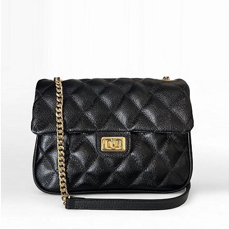 Bolsa Alça Corrente Dourada Couro  Legítimo Versalhes Preta