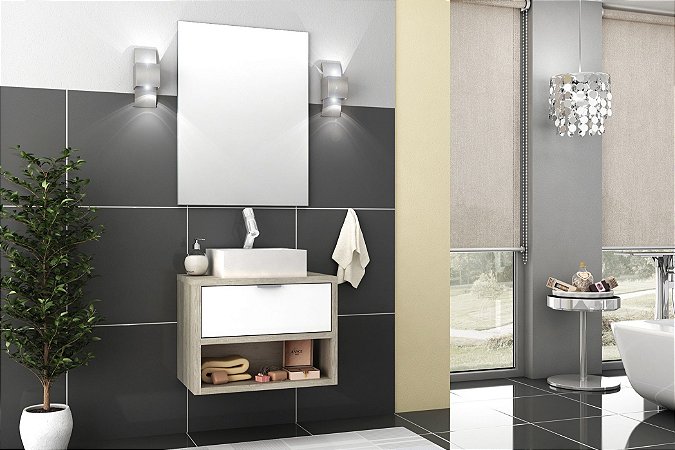 Conjunto de Banheiro Gabinete c/ Espelho Malta 60cm Barrique/Branco Brilho - Bosi