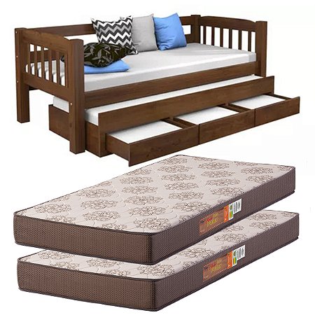 Bicama Madeira Maciça com 3 gavetas com 2 colchões D20 88x188x12