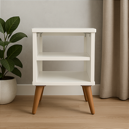 Mesa de Cabeceira Retrô Nicho e Pés Palito Reguláveis Quarto