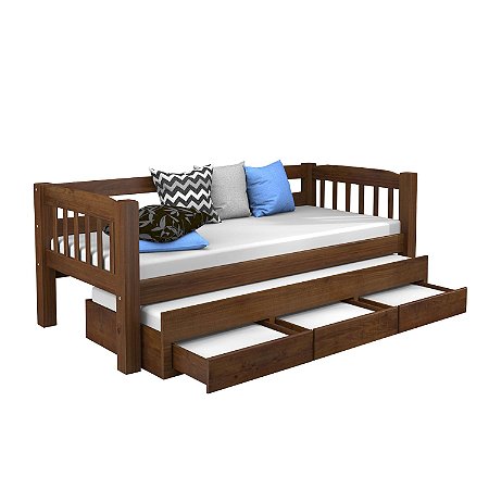 Bicama em Madeira Maciça com 3 Gavetas - Castanho