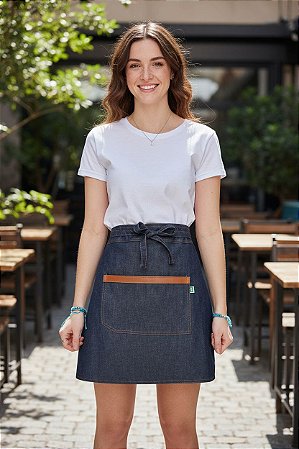 Meio Avental Jeans com Couro Ecológico – Cozinha, Bar, Churrasco e Atendimento