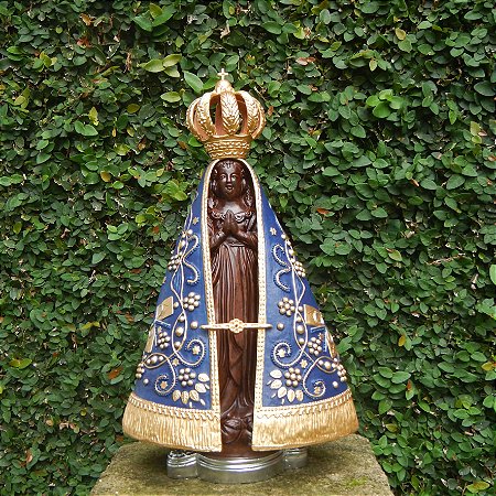 Imagem Nossa Senhora Aparecida com manto azul e detalhes em dourado