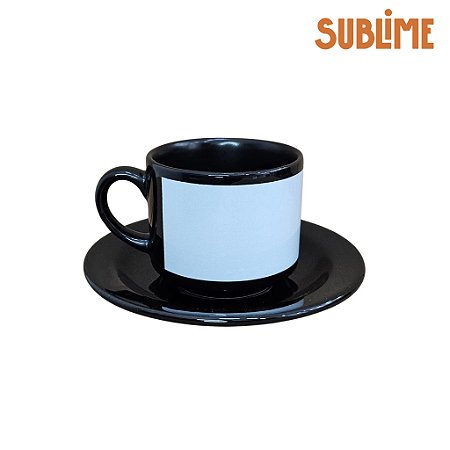 Xícara Com Pires Nacional 180ML Preta Tarja Branca Sublimação