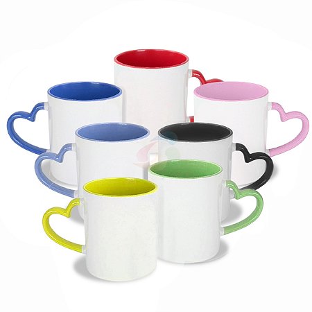 Caneca cerâmica alça coração colorida 325ML Sublimação
