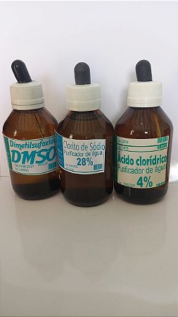 Kit purificador de	 água 300 ml (clorito de sódio 28% 100ml e ácido clorídrico 4% 100 ml) - + DMSO 100ml embalagem de vidro âmbar haste de vidro e bulbo conta-gotas.