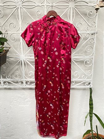 Vestido chinês acetinado Cheongsam Bordado pink (38)
