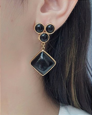 Brinco Pedra Natural Ônix Glam - Folheado a Ouro 18k