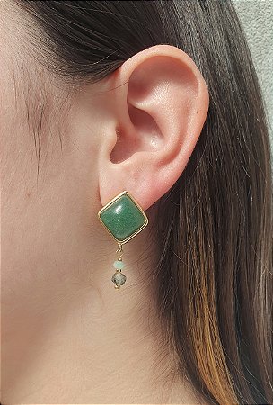 Brinco Quartzo Verde Base Geométrica - Folhado a Ouro 18K