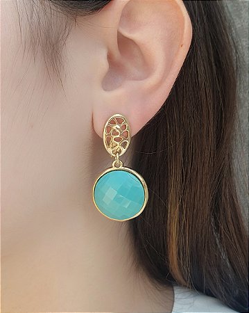 Brinco Howlita Turquesa com Base Vazada - Folheado a Ouro 18k