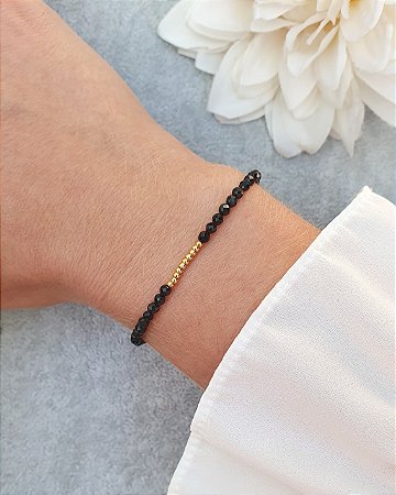 Pulseira de Cristais Pretos Facetados Folheado a Ouro 18k