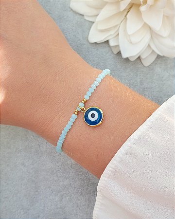 Pulseira de Cristais Azul Claro com Pingente Folheado a Ouro 18k