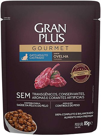 Ração Úmida Gran Plus Sachê Gourmet Ovelha para Gatos Castrados 85g