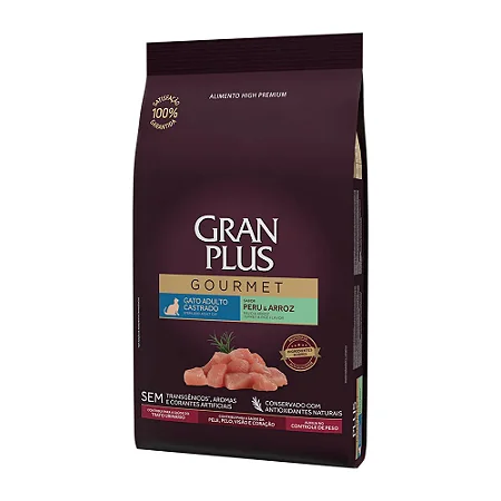 Ração GranPlus Gourmet Gatos Adultos Castrados Peru e Arroz 3 Kg