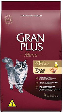 Ração Gran Plus Menu Frango e Arroz para Gatos Castrados Sênior 10,1 Kg
