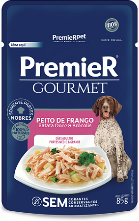 Ração Úmida Premier Gourmet Cães Adultos Portes Médio e Grande Peito de Frango, Batata Doce e Brócolis 85 g