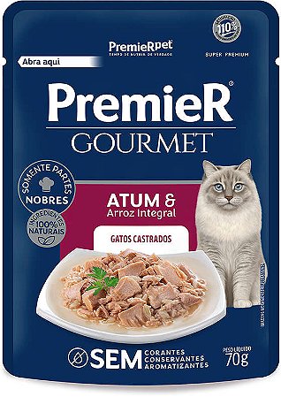 Ração Úmida Premier Gourmet Gatos Castrados Atum e Arroz Integral 70g