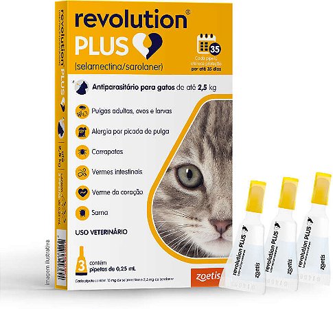 Antiparasitário Zoetis Revolution Plus 0,25 mL para Gatos de 1,25 Kg a 2,5 Kg - 3 Pipetas