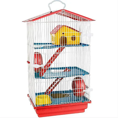 Gaiola de 3 Andares para Hamster com Teto Plástico Jel Plast Vermelho