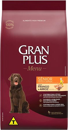 Ração Gran Plus Menu Sênior Frango e Arroz para Cães Idosos Raças Médias e Grandes