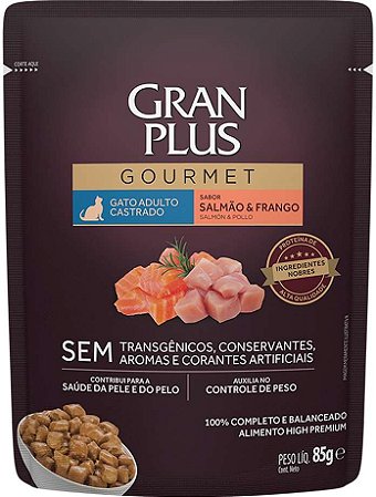 Ração Úmida Gran Plus Gourmet Sachê Salmão & Frango para Gatos Castrados