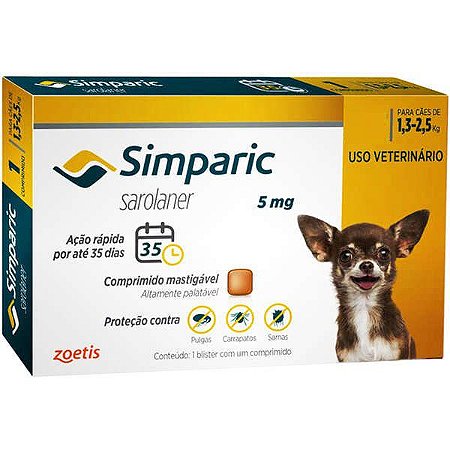 Antipulgas Zoetis Simparic 5 mg para Cães 1,3 a 2,5 Kg