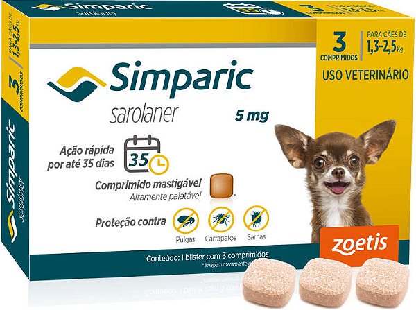 Antipulgas Zoetis Simparic 5mg para Cães 1,3 a 2,5 Kg