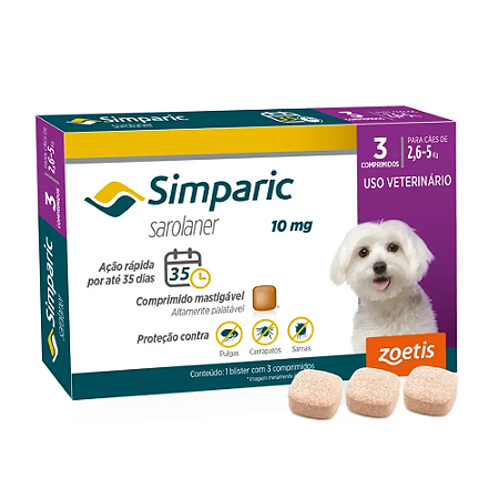 Antipulgas Zoetis Simparic 10mg para Cães 2,6 a 5 Kg