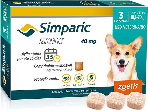 Antipulgas Zoetis Simparic 40mg para cães 10,1 a 20 kg