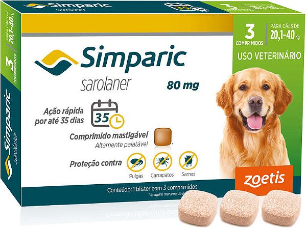 Antipulgas Zoetis Simparic 80mg para Cães 20,1 a 40 Kg