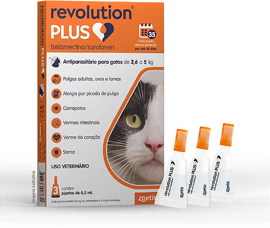 Antiparasitário Revolution Plus Zoetis para Gatos de 2,6 kg a 5 kg 0,5 ml - 3 Pipetas