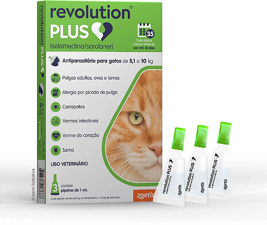 Antiparasitário Revolution Plus Zoetis para Gatos de 5,1 kg a 10 kg 1 ml - 3 Pipetas