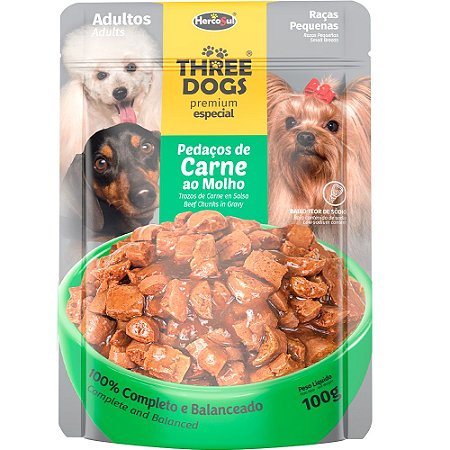 Ração Three Dogs Sachê Premium Especial Pedaços de Carne ao Molho Cães Adultos Raças Pequenas
