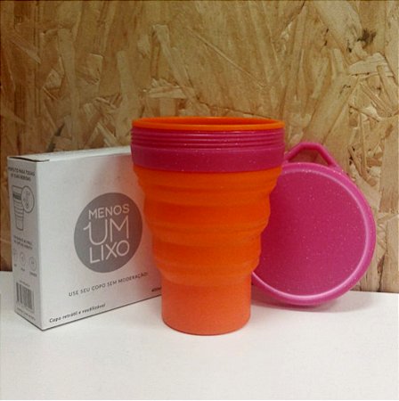 Copo Retrátil Silicone Laranja com Tampa Rosa Brilho