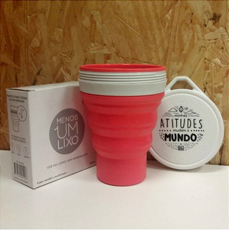 Copo Retrátil Silicone Rosa Tampa Branca