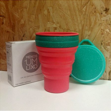 Copo Retrátil Silicone Rosa com Tampa Verde