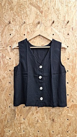 Blusa Preta Reta em Linho e Viscose