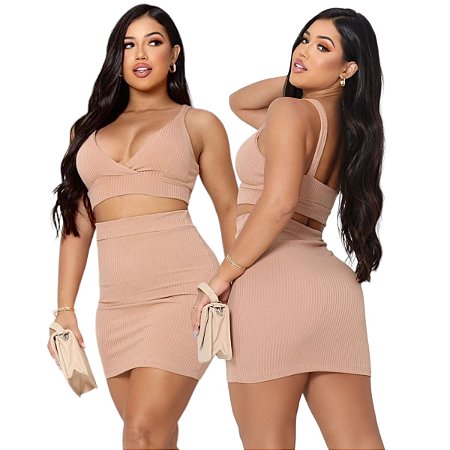 Conjunto Cropped E Saia Curta Top Alcinha Gringa Canelado