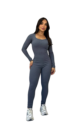 Macacão Feminino Manga Longa Canelado Moda Gringa