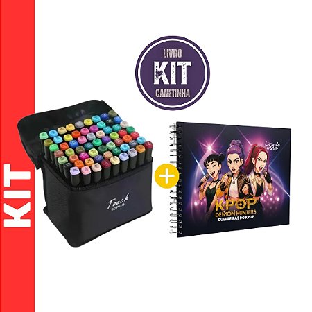 KIT CANETA TOUTCH PONTA DUPLA 60 UN PRETA + LIVRO DE COLORIR GUERREIRAS K-POP