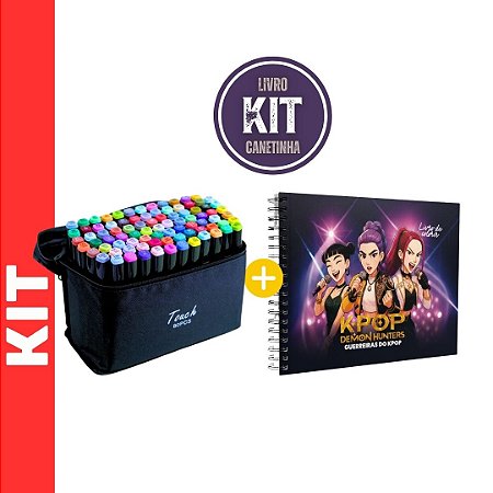 KIT CANETA TOUTCH PONTA DUPLA 80 UN PRETA + LIVRO DE COLORIR GUERREIRAS K-POP