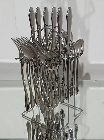 Jogo De 24 Pç Completo Talheres Prata com Dourado + Faqueiro Luxo Aço Inox Completo