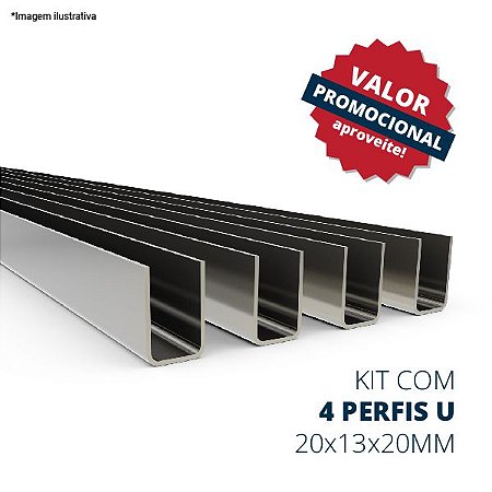 Perfil U 20 x 13 x 20mm, com 3 metros - aço inox (kit com 4 barras)