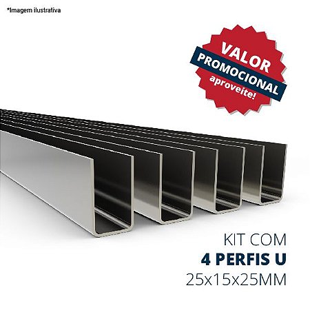 Perfil U 25 x 15 x 25mm, com 3 metros - aço inox (kit com 4 barras)