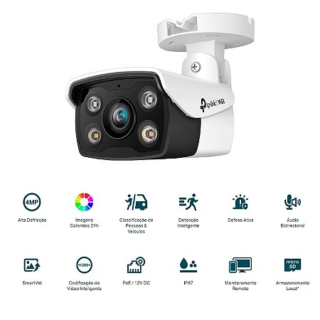Câmera IP Externa TP-Link VIGI C340 4MP Com Infravermelho Colorida Full-Color (Lente 2.8MM) BULLET TPN0407