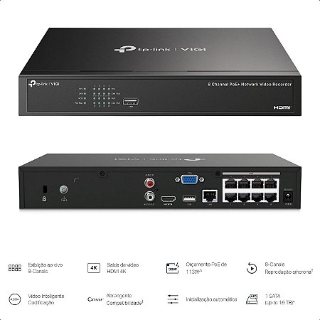 Gravador De Vídeo em Rede POE+ DE 8 Canais VIGI NVR1008H-8MP TPLINK TPN0354