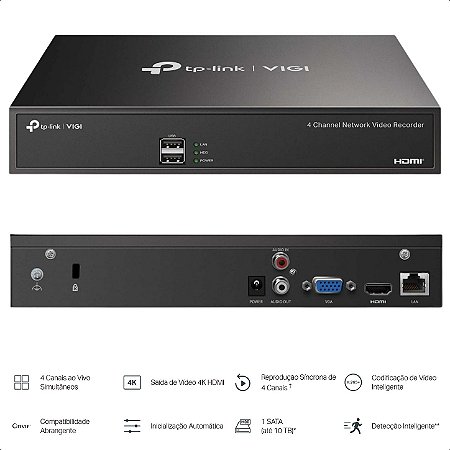 Gravador De Vídeo em Rede POE + De 4 Canais VIGI NVR1004H-4P TPLINK TPN0400